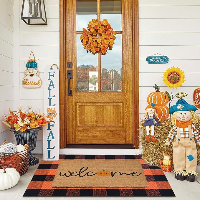Fall Door Mat Combo Set, Welcome Coco Coir Welcome Mat + 28″ x 43″ Orange and Black Plaid Rug, Autumn Thanksgiving Front Porch Entryway Decor Floor Mat