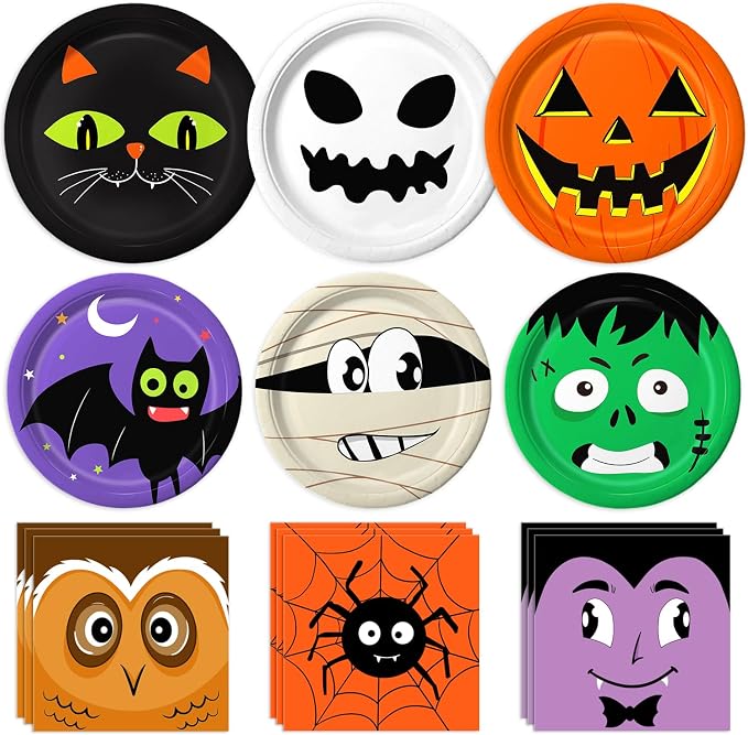 105PCS Halloween Paper Plates Ghosts Pumpkin Skull Spider Web Design for Halloween Party Decorations Supplies, Serves 30 - skull plate