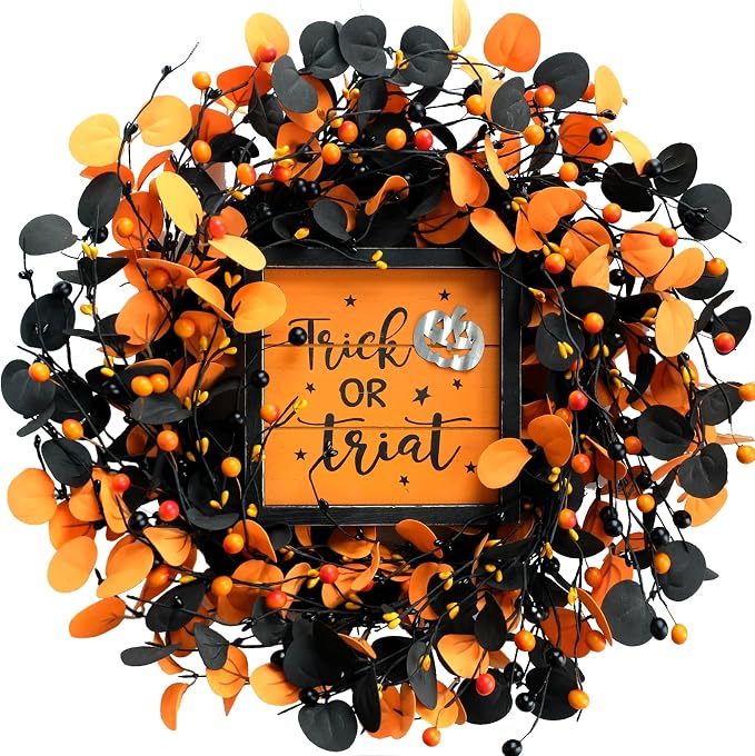 Halloween Wreath for Front Door, 18” Artificial Eucalyptus Leaves and Berries Wreaths for Inside and Outside, Halloween and Fall Decor … - skull wreath