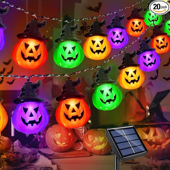 Windpnn Upgraded Solar Halloween Lights Outdoor, Solar Powered Pumpkin String Lights,16ft 20LED 8 Modes Waterproof Halloween String Lights for Garden Patio Landscape Halloween Decorations(Multicolor) - string light