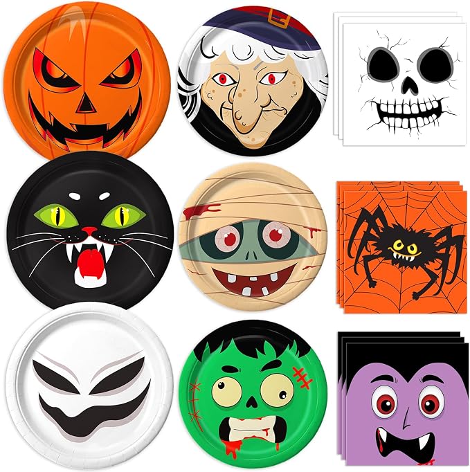 105 Pcs Halloween Paper Plates and Napkins Halloween Theme Party Dinner for Birthday Party Decorations, Serve 30 - skull plate