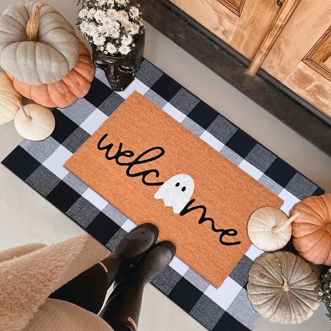 Halloween Door Mat Combo Set, Welcome Ghost Coco Coir Welcome Doormat + 28" x 43" Black and White Plaid Rug, Autumn Halloween Front Porch Entryway Decor Floor Mat - skull floor mat