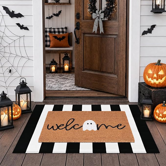 Halloween Decor Doormat Combo Set, Welcome Ghost Coco Coir Welcome Mat + 28" x 43" Black & White Striped Rug, Autumn Halloween Front Porch Entryway Decor Floor Mat - skull floor mat