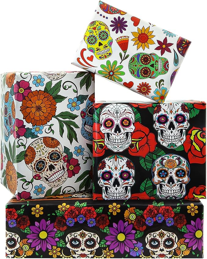Day of the Dead Wrapping Paper, Horror Sugar Skull Roses Mexican Spooky Design Wrapping Paper 8 Sheets Folded Flat 28x20 Inches for Dia De Los Muertos, Day of the Dead, Halloween Mexican Holiday - skull toilet paper