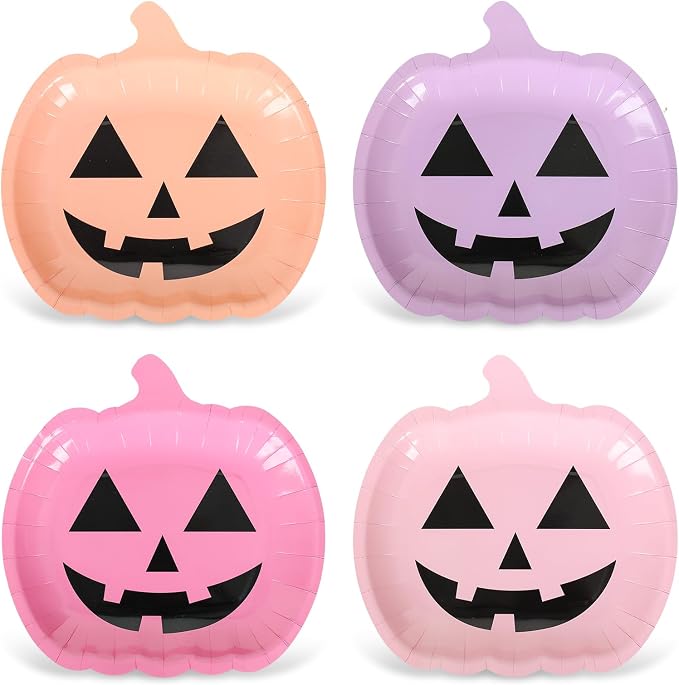 JarThenaAMCS 40Pcs Halloween Pumpkin Paper Plates Cute Grimace Pink Purple Orange Pumpkin Shape Disposable Plates 9 Inch Halloween Colorful Tableware for Birthday Holiday Party Decor Supplies - skull plate