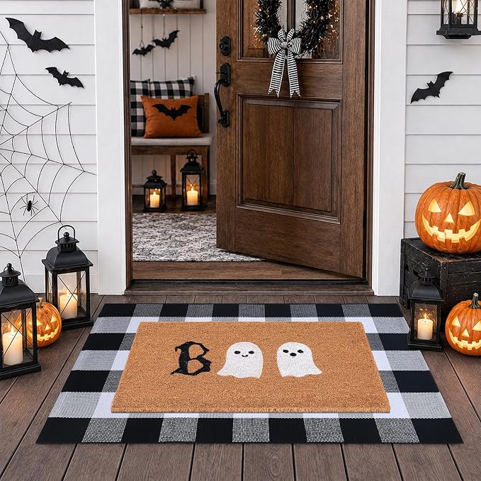 Halloween Door Mat Combo Set, Boo Ghost Coco Coir Welcome Doormat + 28" x 43" Black and White Plaid Rug, Autumn Halloween Front Porch Entryway Decor Floor Mat - skull floor mat