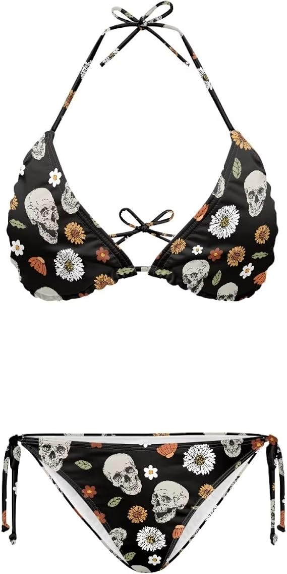 Bikini Set for Women Two Piece Swimsuit Adjustable Spaghetti Straps Swimwear Color Block Halter Bathing Suit - skull swimsuit