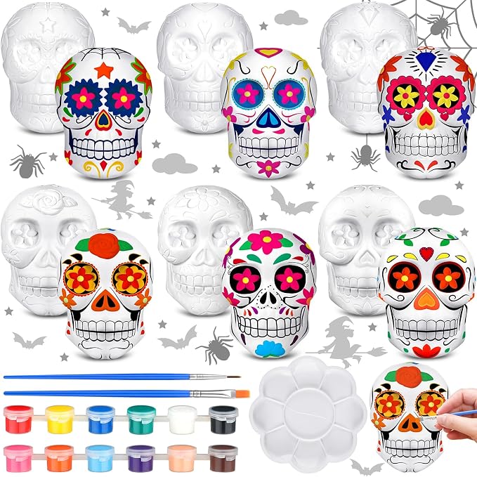 CroBlissful 6 Sets Halloween Skull Ceramic to Paint Ready to Paint - skull figurine