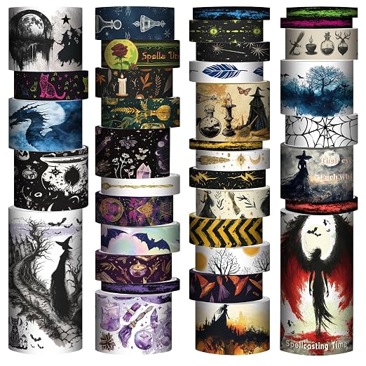 MPOPUUL Washi Tape Set 37 Rolls - Witches Theme Colored Decorative Adhesive Tape for Journaling, Vintage Artists Tape for Junk Journaling Supplies, Scrapbooking, DIY Crafts, Gift Wrapping, Planner - skull sticker