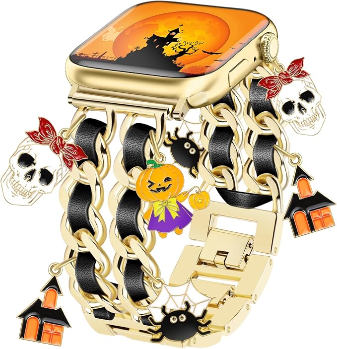 Newlibery Gold Metal Chain Bracelet Band for Apple Watch Women - skull watch