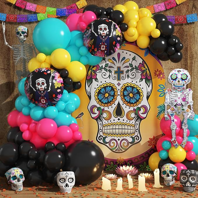 Jobkoo Day of the Dead Balloon Garland Arch Kit Dia De Los Muertos Decorations Sugar Skull Colorful Balloons with Mexican Skull Mylar Foil Balloon for Halloween Mexican Fiesta Altar Party Supplies - skull inflatable