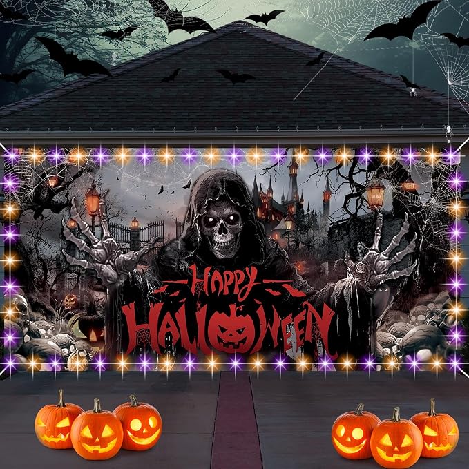 FuWeave Halloween Garage Door Banner Cover with LED String Battery Box - string light