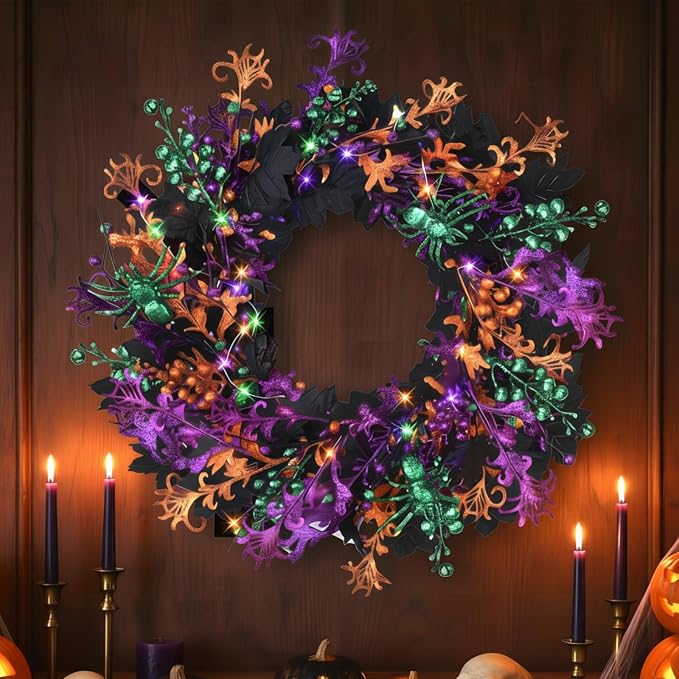 16-Inch Lighted Halloween Wreath, 40 LEDs, 6-Hour Timer, Maple Leaf - skull wreath