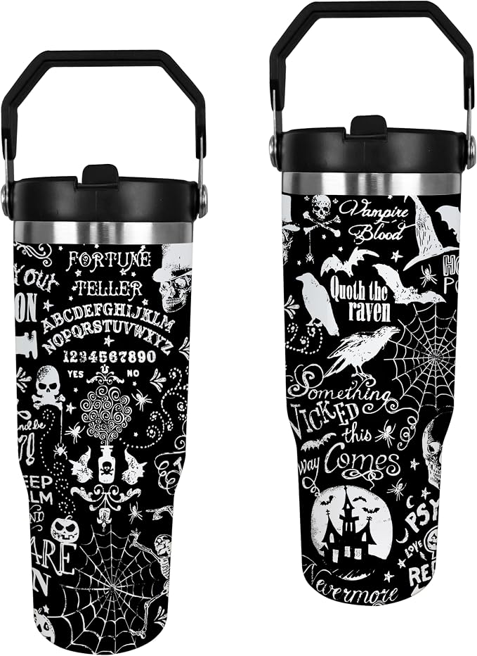 Halloween Tumbler, Spooky Pumpkin Skull Tumbler with Handle and Straw 30 oz, Spider Bat Cup Insulated Water Bottle Halloween Gifts for Women