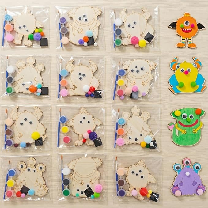 12 Pack Halloween Crafts, DIY Monster Wooden Magnet Painting Kit