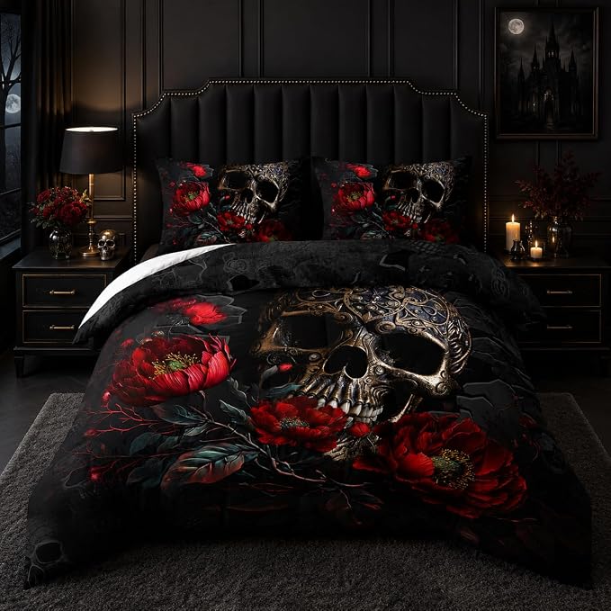 Gothic Twin Size Skull Bedding Set with Comforter, Rose Comforter, Halloween Bed, Black Skull Quilt