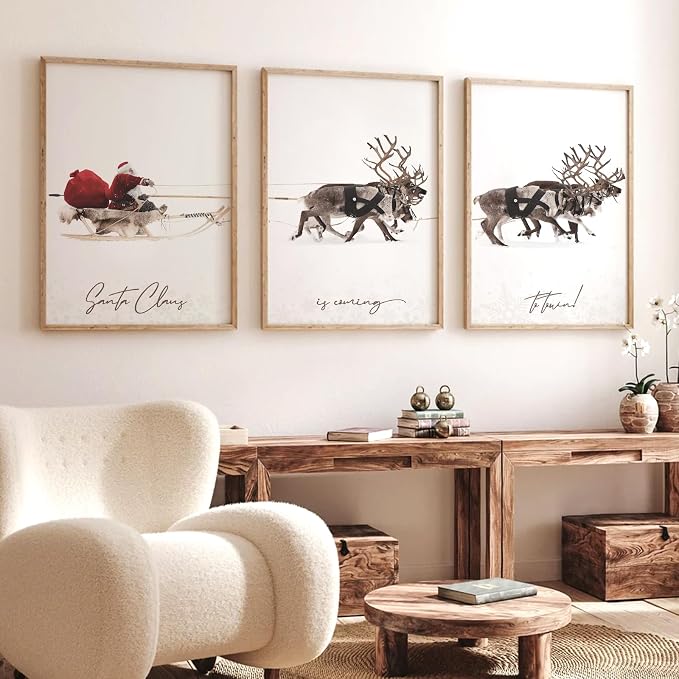 JarThenaAMCS 3Pcs Large Christmas Canvas Wall Art Prints Santa Claus with Sleigh Deer Art Poster Winter Xmas Wall Decor for Gallery Living Room Bedroom (UNFRAMED 16 x 24in) - skull wall art
