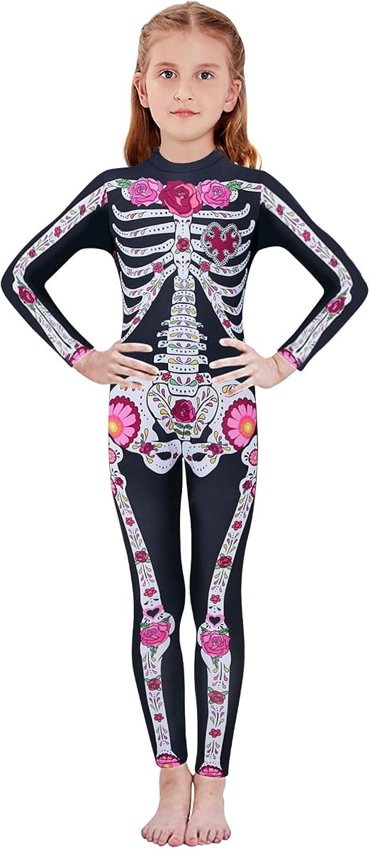RAISEVERN Girls Skeleton Costume Kids Halloween Jumpsuit Size 5-14 Years - sugar skull costume