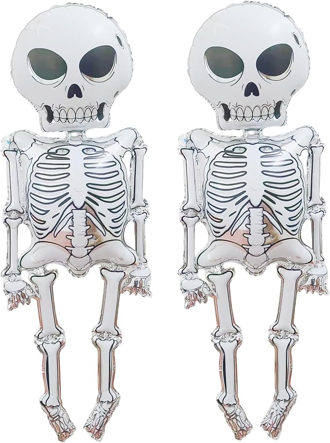 2 Pieces 34x62 Inches Scary Skeleton Foil Balloons - Large Spooky Mylar Life Size Skull Balloons for Halloween Decorations, Haunted House, Trick-or-Treat, Indoor and Outdoor Party Supplies - skull inflatable