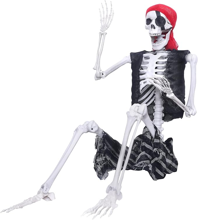 5.4Ft Halloween Skeleton Life Size Pirate Skeleton Creepy Posable Skeleton Realistic Human Full Body Skeleton with Movable Joints for Halloween Decorations (Grey, 5.4ft) - skeleton