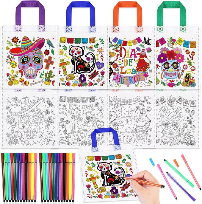 HOWAF 12pcs Day of The Dead Coloring Goodie Bags with Paint Pens, Dia De Los Muertos Coloring Candy Bags Sugar Skull Colouring Gift Bag, Halloween Reusable Canvas Bag Party Favors - skull wreath