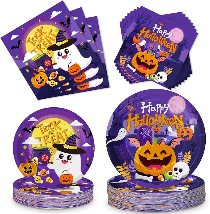 150 Pcs Halloween Plates and Napkins Sets - Cute Happy Halloween Party Supplies Tableware, Halloweens Disposable Paper Plates Napkins Set for Halloweens Birthday Party Decorations Favors, Serve 50 - skull plate