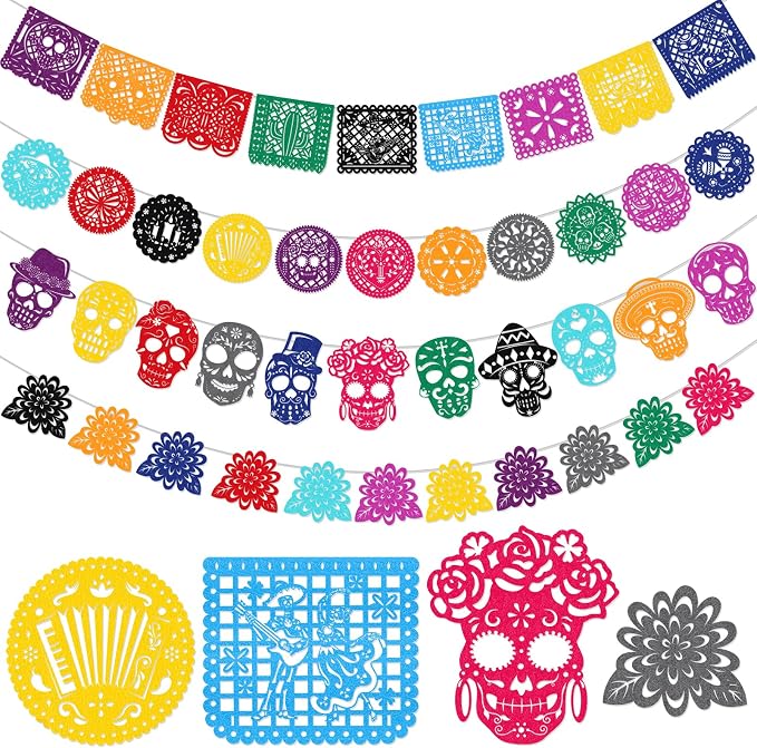 HOWAF 42pcs Day of The Dead Papel Picado Banner, Felt Dia De Los Muertos Sugar Skull Marigold Hanging Garland for Mexican Dia de Los Muertos Altar Decor, Colorful Cinco De Mayo Flag Banner - skull carpet