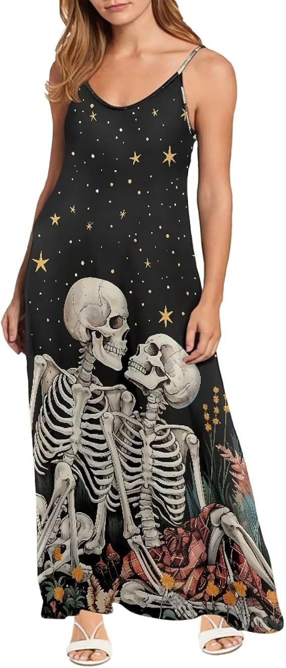 Biyejit Women Summer Casual Dress V-Neck Sleeveless Beach Cover Up Long Cami Maxi Dresses Size XS-4XL - sugar skull dress