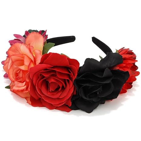 Atoden Flower Crown Day of the Dead Rose Headbands Floral Crown Mexican Headpiece for Women Girls Black Red - skull headband