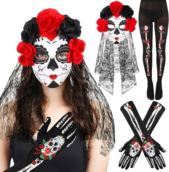 HOWAF Women's Day of the Dead Costume Set, Include Skeleton Stocking Long Arm Gloves and Mexican Flower Crown Headband, Halloween Day of the Dead Accessories Headband Thigh Socks Full Finger Gloves - sugar skull costume
