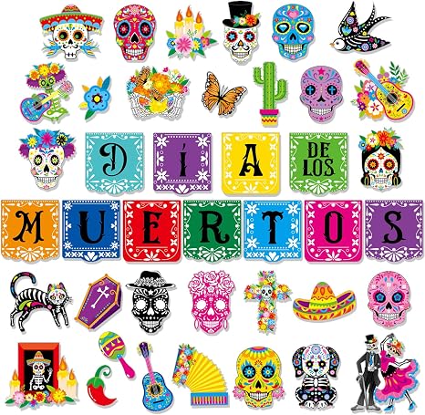 HOWAF 41pcs Dia De Los Muertos Bulletin Board Set Day of The Dead Sugar Skull Cutouts for Day of The Dead Party Classroom Chalkboard Wall Decor,Dia De Los Muertos Skeleton Couple Cat Marigold Cutouts - skull carpet