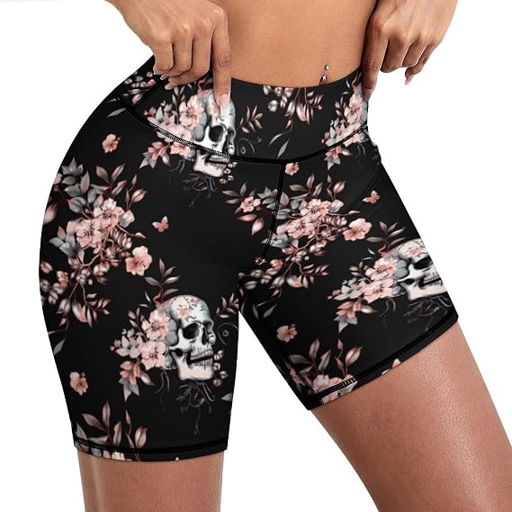 Women’s Biker Shorts High Waist Yoga Shorts for Athletic Workout Sports Running Volleyball Gym Size S-2XL - skull leggings
