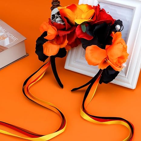 Atoden Flower Crown Day of the Dead Rose Headbands Skull Floral Crown Mexican Headpiece with Ribbon for Women Girls Red Black Orange - skull headband