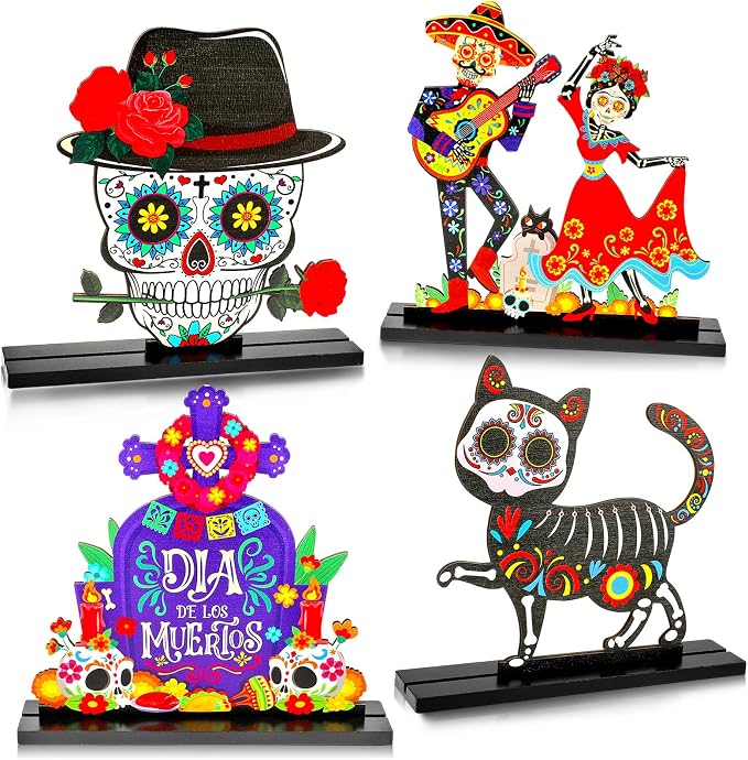 HOWAF 4PCS Day of The Dead Table Decorations,Wooden Mexican Dia De Los Muertos Altar Centerpiece with Sugar Skull Dancing Ghost Skeleton Couple Skeleton Cat Altar for Day of The Dead Alter Decor - skull figurine