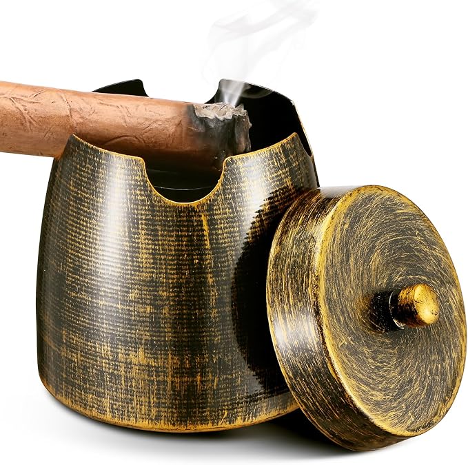 Cigar Ashtray with Lid for Outdoors Outside Patio Home Retro Decor,Large Cigar Holder Ash tray Outdoors,Cigar Accessories Gift for Men Dad Husband Boyfriend-Small - skull ashtray