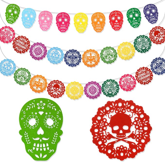 HOWAF 29pcs Day of the Dead Papel Picado Banner, Dia De Los Muertos Papel Picado Hanging Banner for Mexican Party Supplies, Sugar Skull Felt Bunting Banners for Day of The Dead Altar Decor - sugar skull ornament