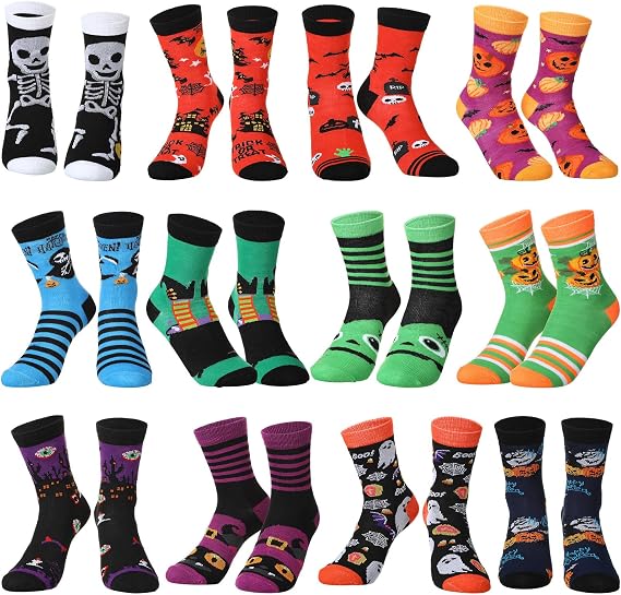 Shinymoon 12 Pairs Halloween Cotton Crew Socks Novelty Gift - sugar skull costume