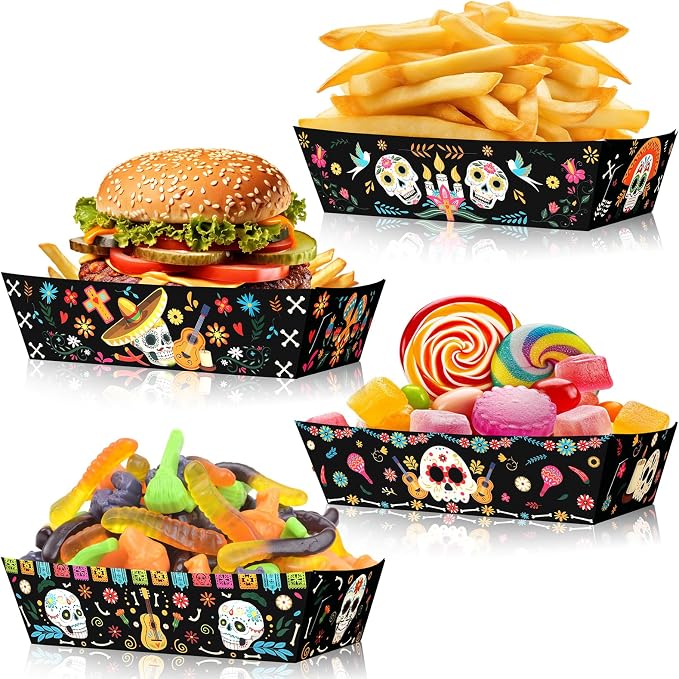 HOWAF 24 Pcs Day of The Dead Food Trays Sugar Skull Paper Food Boats for Mexican Dia De Los Muertos Decoration Supplies, Mexican Fiesta Disposable Tray Halloween Food Tray for Chips, Nachos,Candy - skull plate