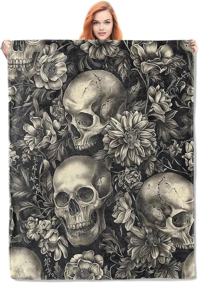 Gothic Garden Skull Fleece Blanket Gifts, Dark Floral and Skeleton Design, Soft Throw 50×60 inches, Elegant Home Halloween Decor – Black and White