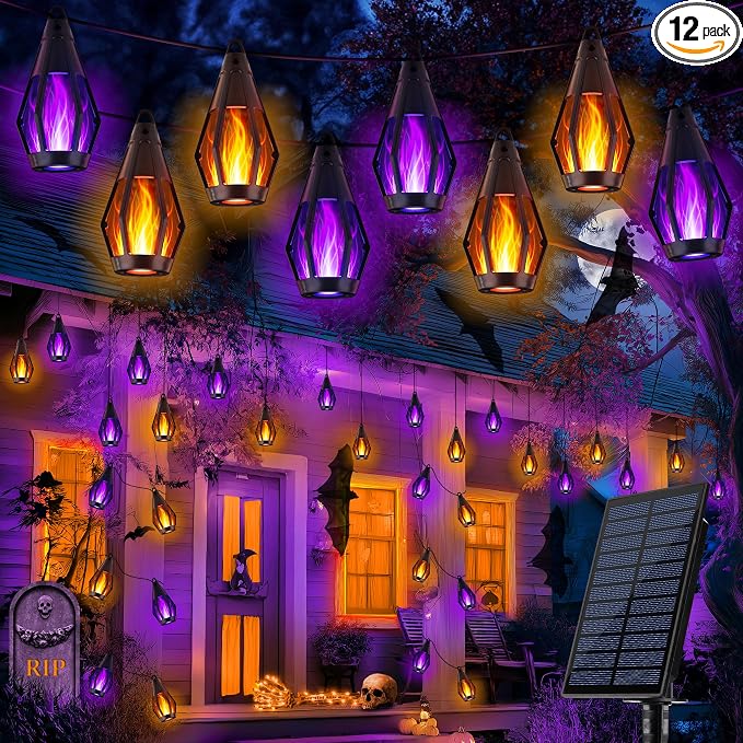 iBaycon 27FT 10 LED Solar Flame Halloween String Lights, Warm White+Purple - string light