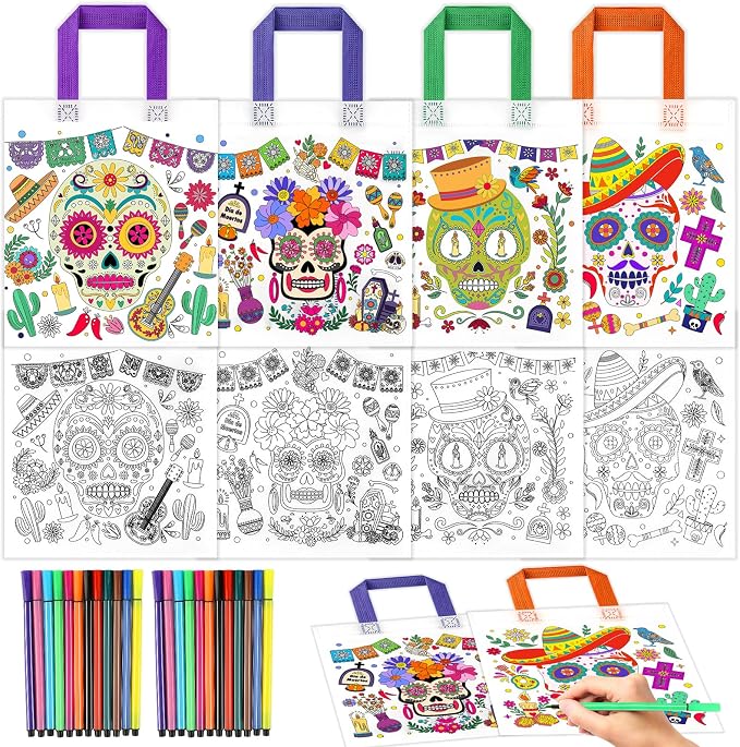 HOWAF Day of The Dead Coloring Gift Bags with 24 （12 Colors） Paint Pens, 12pcs Color Your Own Sugar Skull Tote Bags Dia De Los Muertos Non-Woven DIY Bags for Mexican Halloween Party Favors Activity - skull candle