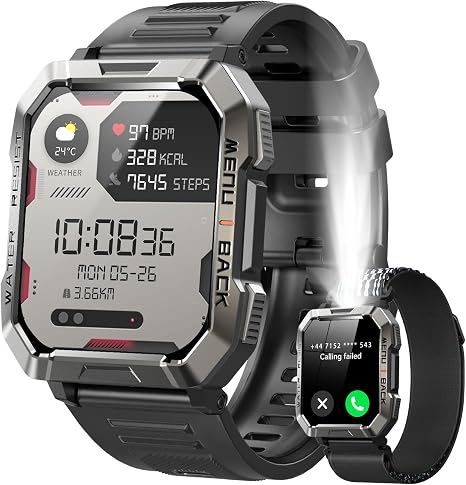 Military Smart Watch for Men (Answer/Make Calls), 2.01'' Smart Watch for Android and iPhone, Fitness Tracker with Flashlight/Compass/100 Days Battery/Heart Rate/Sleep/100+ Sport Modes(2 Straps) - skull watch