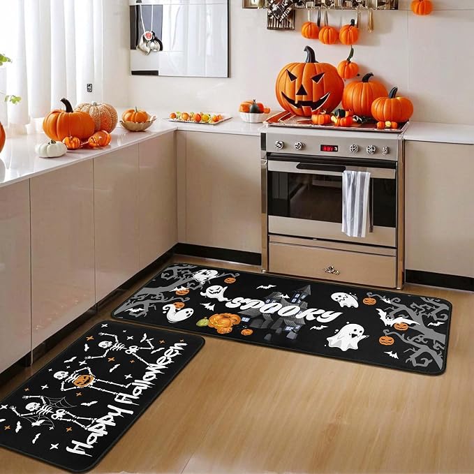 Happy Halloween Skull Decorative Kitchen Rugs Set of 2, Pumpkin Bat Castle Kitchen Mats for Kitchen Bedroom Indoor Halloween Home Decor 17" x47"+17"x30" - skull floor mat