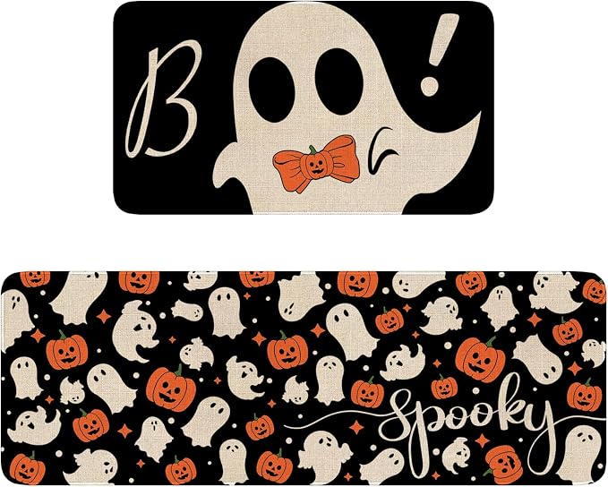 Halloween Kitchen Rugs and Mat Set of 2, Spooky Kitchen Mats for Floor, Ghost Boo Sink Mats Halloween Home Decor Doormat + Runner Rug - skull carpet