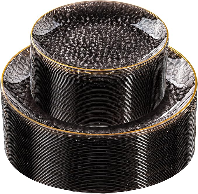 60Pcs Black Plastic Plates, Black Disposable Plates With Gold Rim, Clear Heavy-duty Party Plates, Hammered Plastic plates Include 30 Dessert Platos, 30 Dinner Platos for Halloween - skull plate