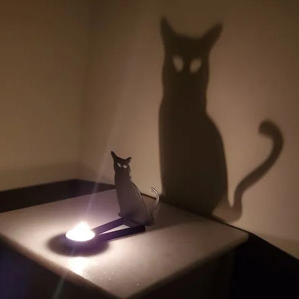 Halloween Candle Holder Spooky Ghost Tealight Shadow Caster Decorations Skeletons Black Metal Desk Candlestick Holder Ornament for Home Party,Scary Candle Stands Table Decor (Black Cat) - skull candle
