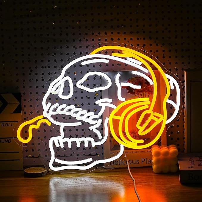 Skull Headphone Neon Sign Headphone Neon Light for Wall Decor LED Dimmable USB Skull Light Up Sign for Halloween Party Game Room Personalized Gifts(12.6 * 16.5In) - skull lamp