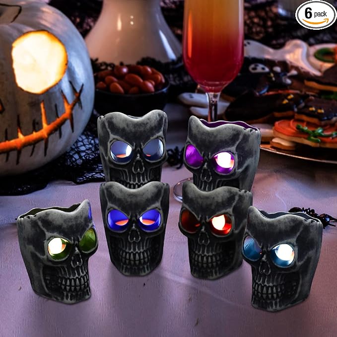 SAMTUNK Halloween Decorations - Flameless Skull Candles Light - 6Pack Color-Changing Dripless Realistic Flickering Flame LED Candle Decor for Votive, Halloween Decor, Pumkin, Party, Indoor Outdoor - skull candle