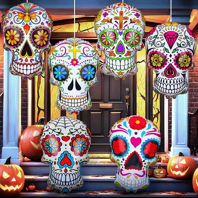 6 Pcs 24 in Inflatables Sugar Skull Decoration Day of the Dead Inflatable