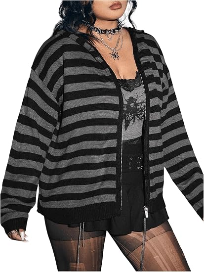 BEAUDRM Women's Plus Size Striped Hooded Cardigan Sweater Gothic Hoodies - skull jacket